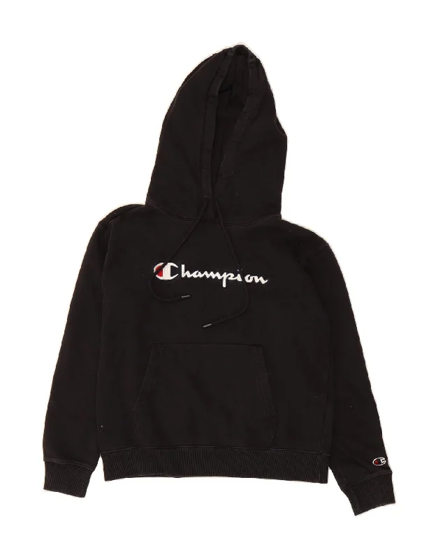 CHAMPION Womens Oversized Graphic Hoodie Jumper UK 6 XS Black Cotton Hoodie with Velcro Closure Adjustable Secure