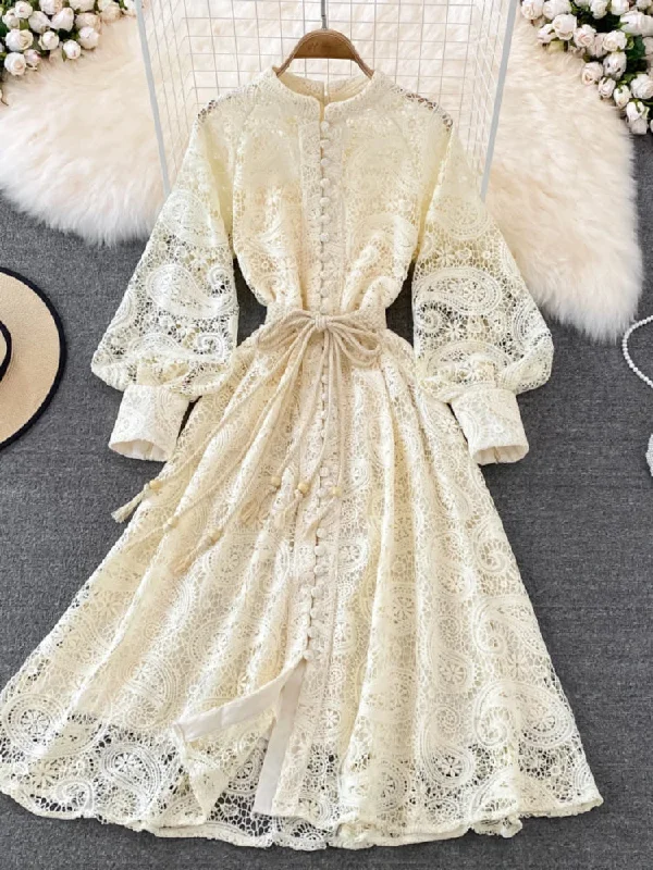 Wjczt Vintage Court Style Lace Dress Women Elegant Hollowed Out Lantern Long Sleeve Slim Party Dresses Ladies Beige Black Long Robe Tunics Luxurious high-end