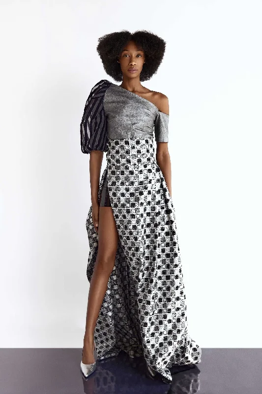 Silver and Black Cheque Jacquard High-Waist Evening Skirt velvet skirt plush