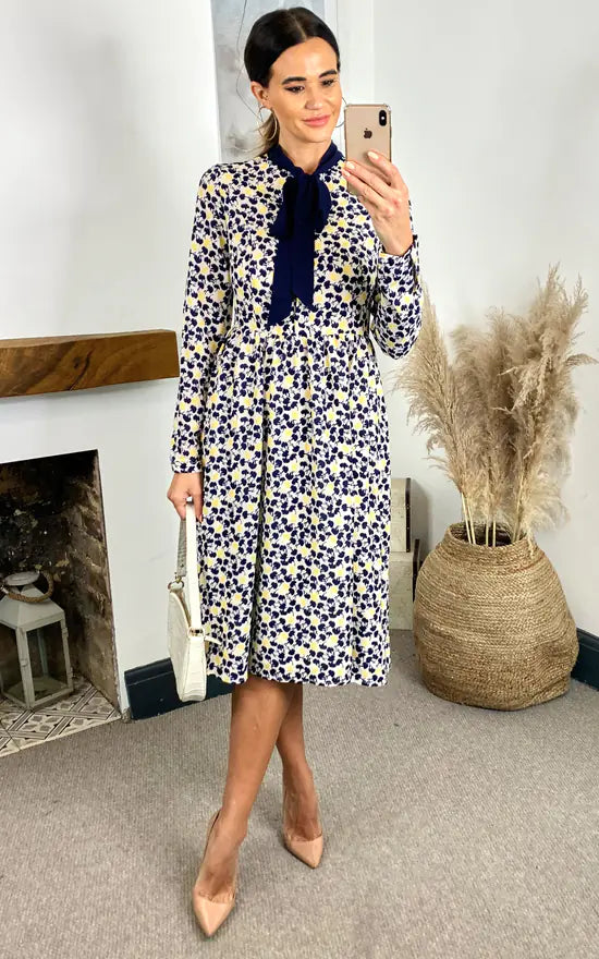 Stella Printed Button Down Dress With Neck Tie (Yellow & Black) Tunics New arrival