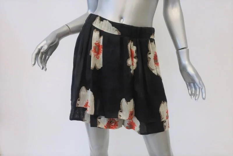 Isabel Marant Etoile Tiered Mini Skirt Rylan Black Floral Linen-Silk Size 42 zip skirt side