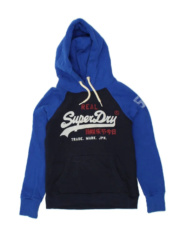 SUPERDRY Womens Graphic Hoodie Jumper UK 10 Small Navy Blue Colourblock Hoodie with Typography Text Message SUPERDRY Womens Graphic Hoodie Jumper UK 10 Small Navy Blue Colourblock Hoodie with Typography Text Message