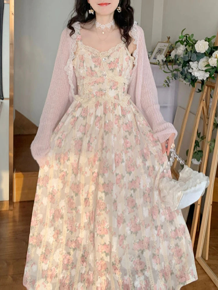 Wjczt Chiffon Lace Strap Dress Women Floral Embroidery Fairy Vintage Long Dress Female Sweet Princess Casual Party Dresses 2024 Summer Crew Neckline Sporty