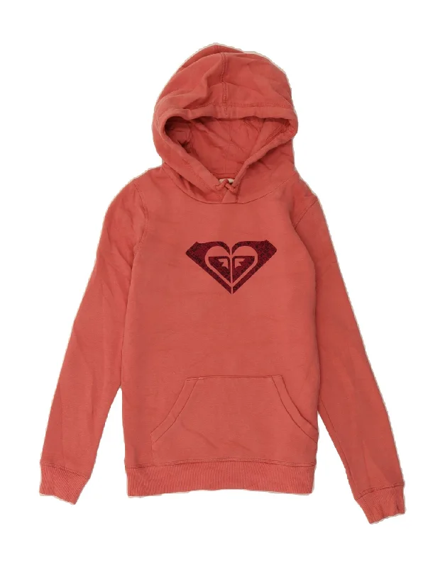 ROXY Womens Graphic Hoodie Jumper UK 6 XS Pink Cotton Hoodie with Hidden Zipper Minimalist Clean