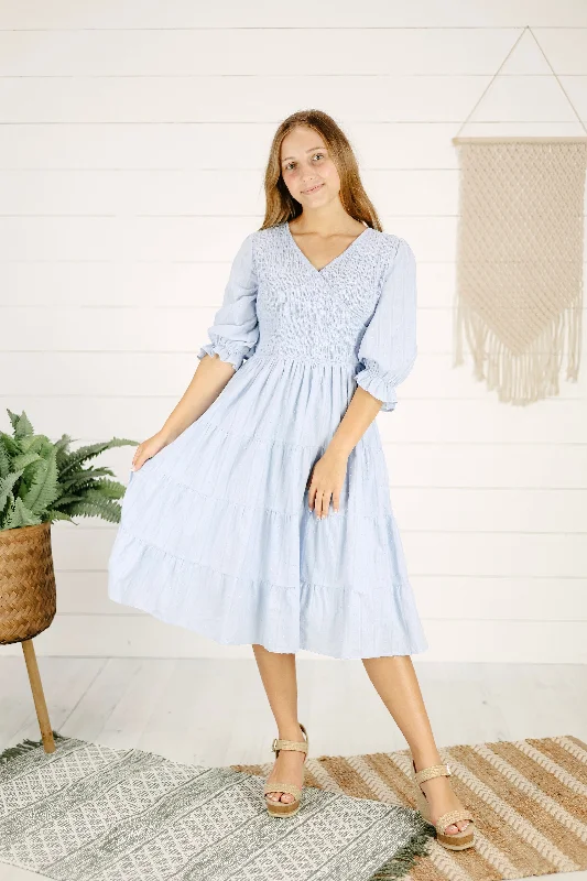 Camille Detail Dress - Lt. Blue Tunics Satin smooth