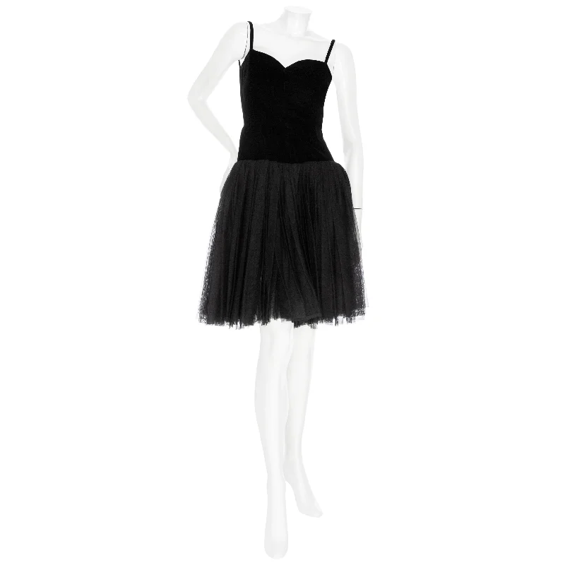 1980s Haute Couture Black Velvet Tulle Spaghetti Strap Dress Tunics Short Trendy