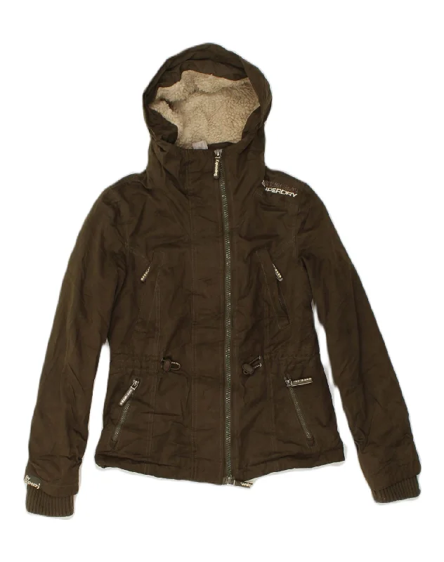 SUPERDRY Womens Windparka Hooded Parka Jacket UK 6 XS Khaki Cotton Welt Pockets Slit Pockets Flap Pockets