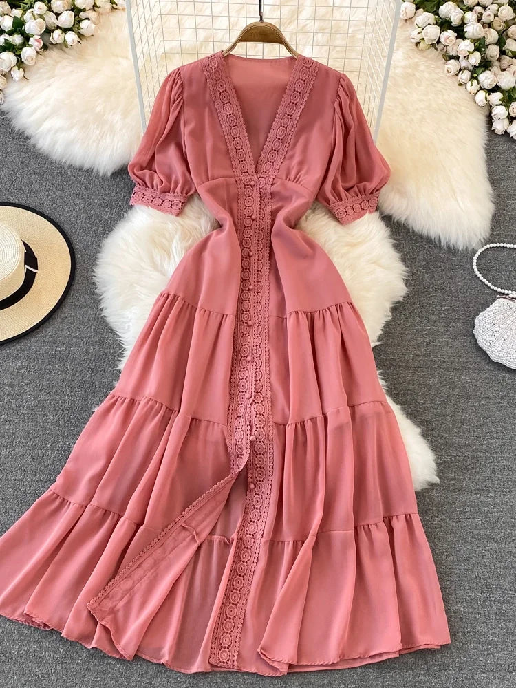 Wjczt New Women Vintage Party Dress Summer Puff Sleeve Sexy V Neck Lace Single-breasted Long Dresses Ladies A Line Elegant Long Robe Tunics Stylish modern