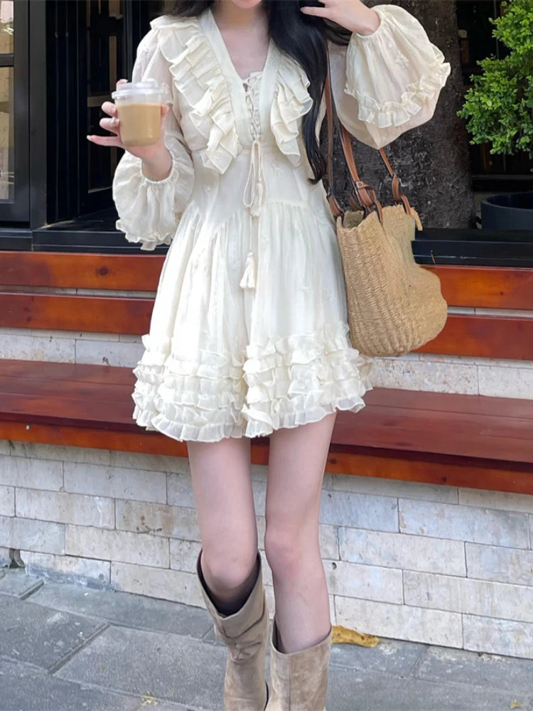 Wjczt Autumn Fairy Pure Color Mini Dress Woman Casual Long Sleeve Elegant Dress Korean Fashion Short Party Dress Chic Design Tunics Denim casual