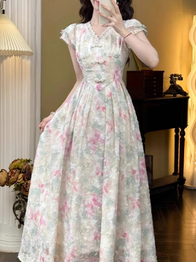 Wjczt Sweet Elegant Long Floral Dress Women Casual Vintage Lace Korean Fairy Dress Female 2024 Summer Beach Luxury Evening Party Dress Sequined Elegant Party