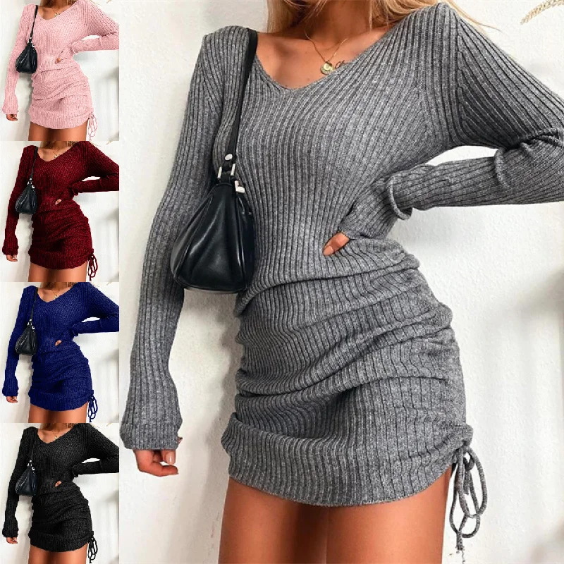 Wjczt Women's Dress Knitted Drawstring Sexy Mini Dress Autumn Winter Elegant Fashion V-Neck Long Sleeve Bodycon Party Dresses Female Tunics Bestseller popular