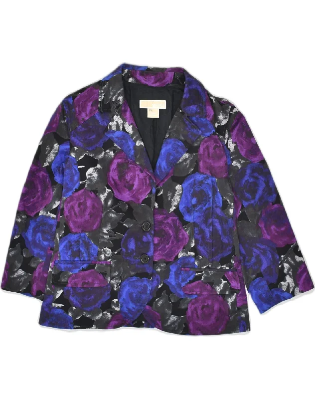 MICHAEL KORS Womens 2 Button Blazer Jacket UK 14 Large Purple Floral Zip Front Button Front Snap Front