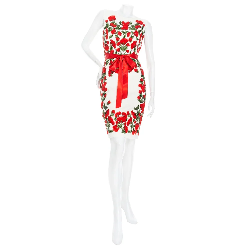 2012 White and Red Cotton Poppy Embroidered Sheath Dress Tunics Prom sequined