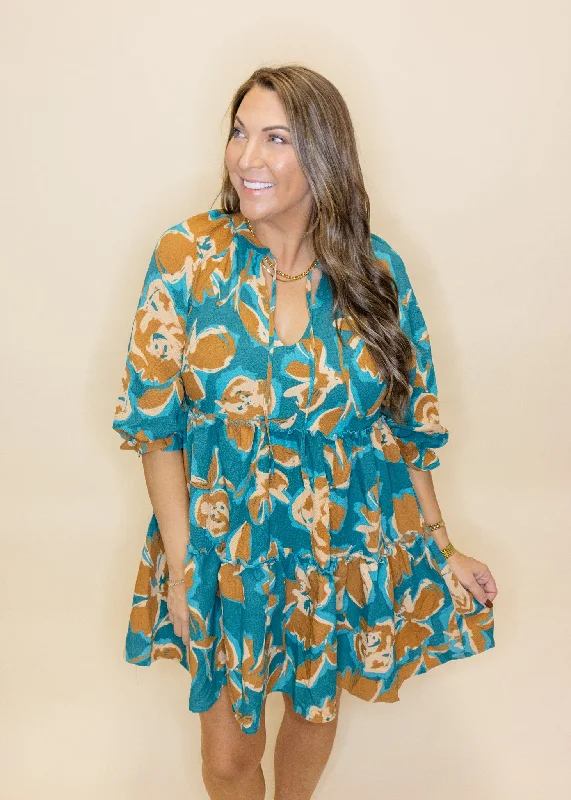 Teal Bold Floral Tiered Dress Tunics Top rated