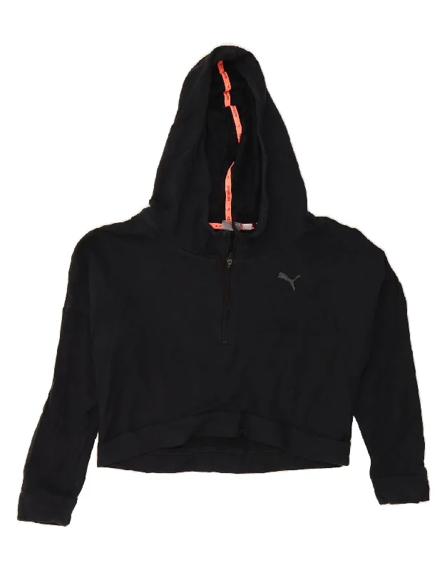 PUMA Womens Oversized Crop Zip Neck Hoodie Jumper UK 10 Small Black Cotton Hoodie with Contrast Stitching Detailed Premium