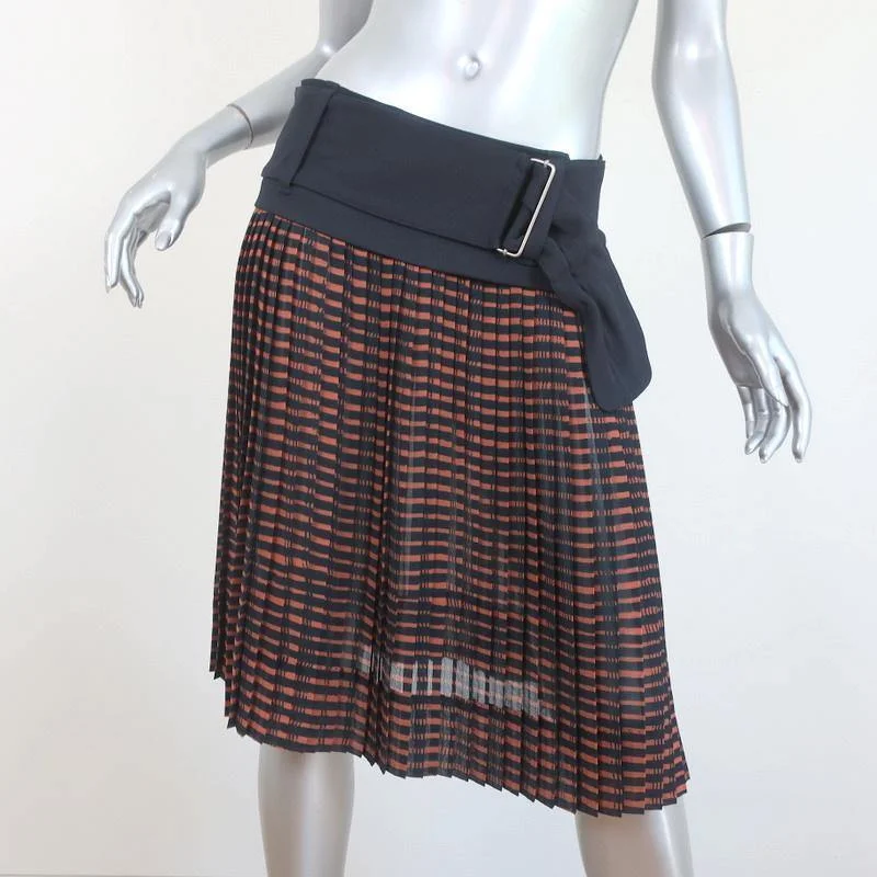 A.L.C. Belted Skirt Brown/Navy Printed Pleated Crepe Size 4 button skirt front