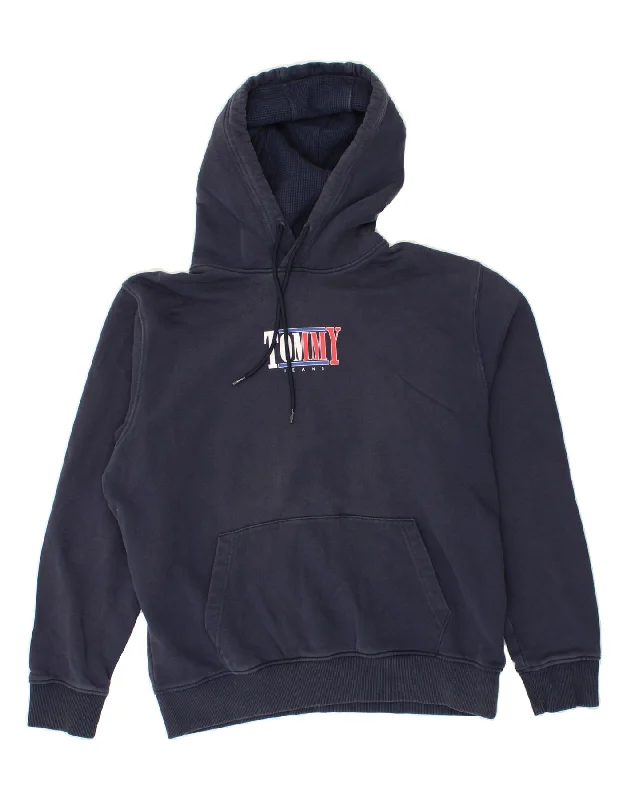 TOMMY HILFIGER Womens Graphic Hoodie Jumper UK 20 2XL Navy Blue Cotton Hoodie with High-Low Hem Asymmetrical Trendy