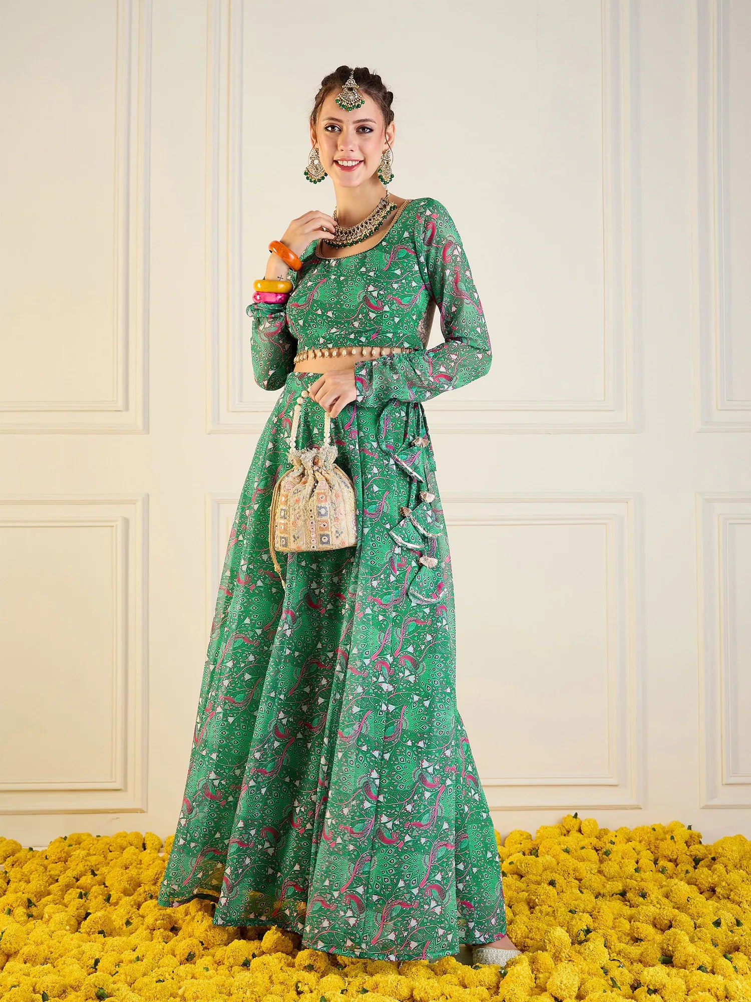 Women Green Printed Anarkali Skirt With Crop Top-SHSET95956 silk skirt smooth
