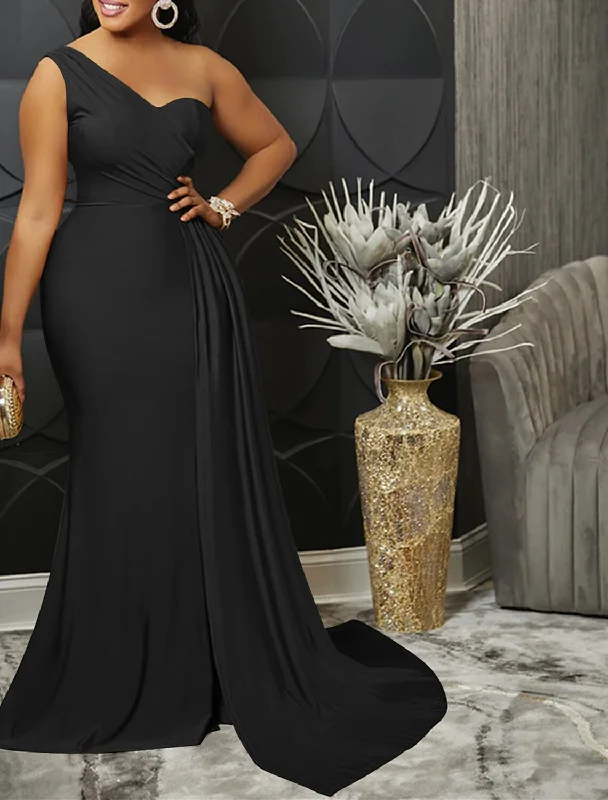 Mermaid / Trumpet Party Dresses Elegant Dress Wedding Guest Semi Formal Sweep / Brush Train Sleeveless One Shoulder Spandex with Ruched Slit Tunics Prom sequined