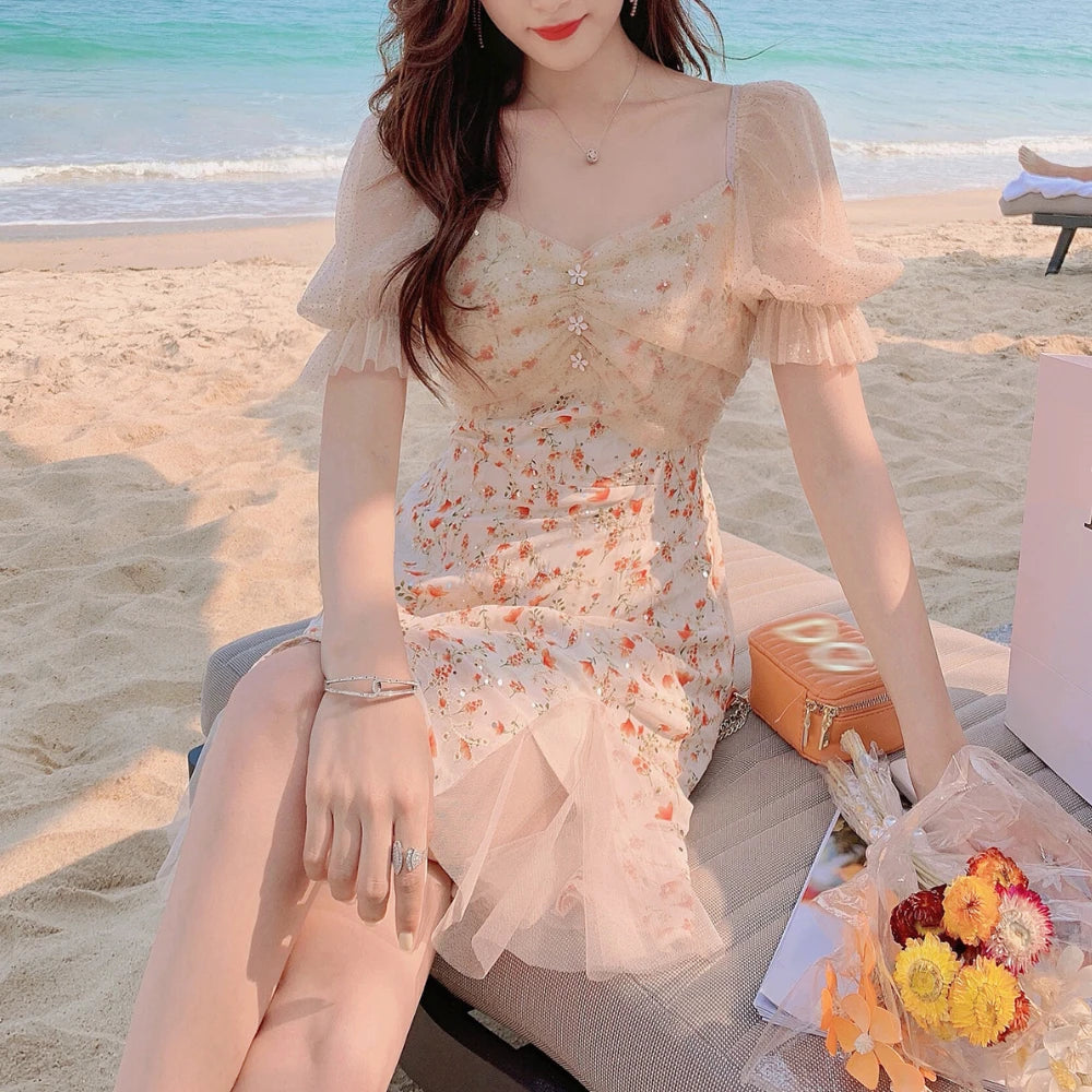 Wjczt Fairy Vintage Floral Dress Women Patchwork Split Elegant Korean Party Dress Casual Holiday Evening Beach Dress Women 2024 Summer Tunics Short Trendy