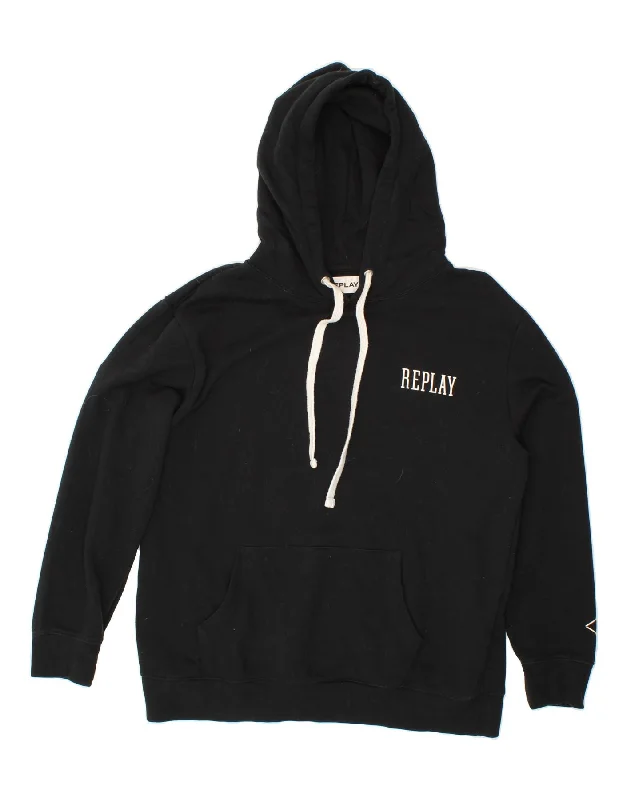 REPLAY Womens Graphic Hoodie Jumper UK 20 2XL Black Hoodie with Hem Embroidery Detailed Premium REPLAY Womens Graphic Hoodie Jumper UK 20 2XL Black Hoodie with Hem Embroidery Detailed Premium