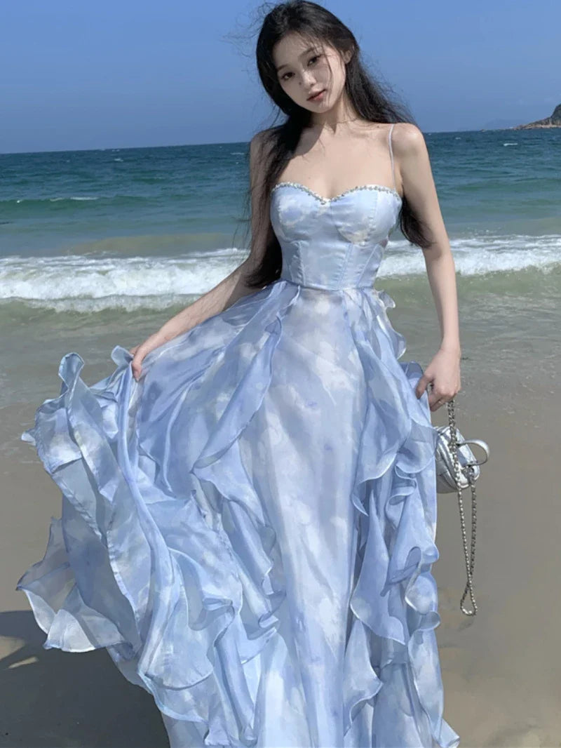 Wjczt New Summer Long Dresses for Women Spaghetti Strap Korean Chic A-Line Ruffles Beach Style Party Dress One Piece Vestido Mujer A-Line Day Work
