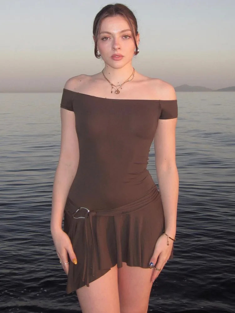 Wjczt Sexy Off Shoulder Sleeveless Strapless Mini Dress For Women Splice Flounced Edge Slim With Belt Club Party Dresses Female Tunics Party sparkling