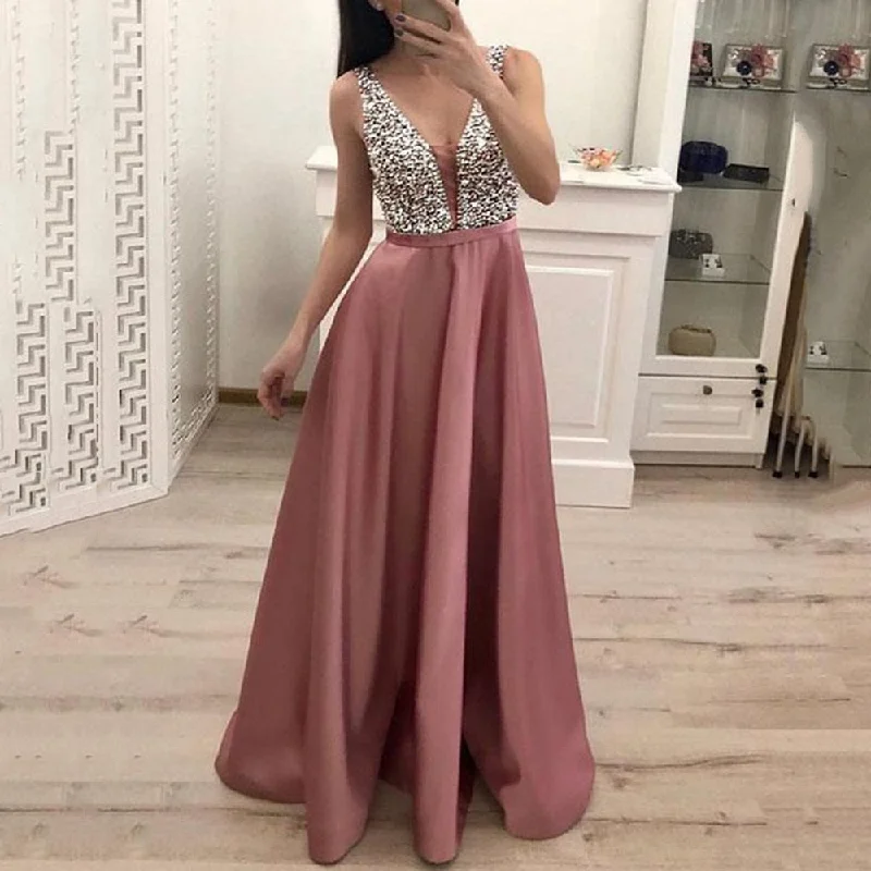 Wjczt Women's Sequined Long splice Wedding Party Dress Sleeveless V-neck Blue A-line Elegant Chiffon Dresses Bridesmaid Dinner Dress Tunics Hiking breathable