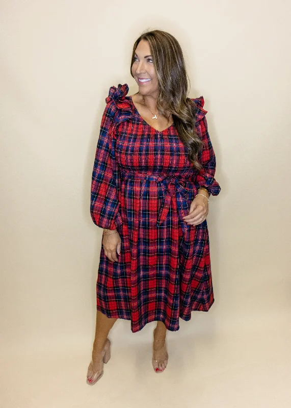 Red & Navy Plaid Smocked Dress Tunics Spring floral