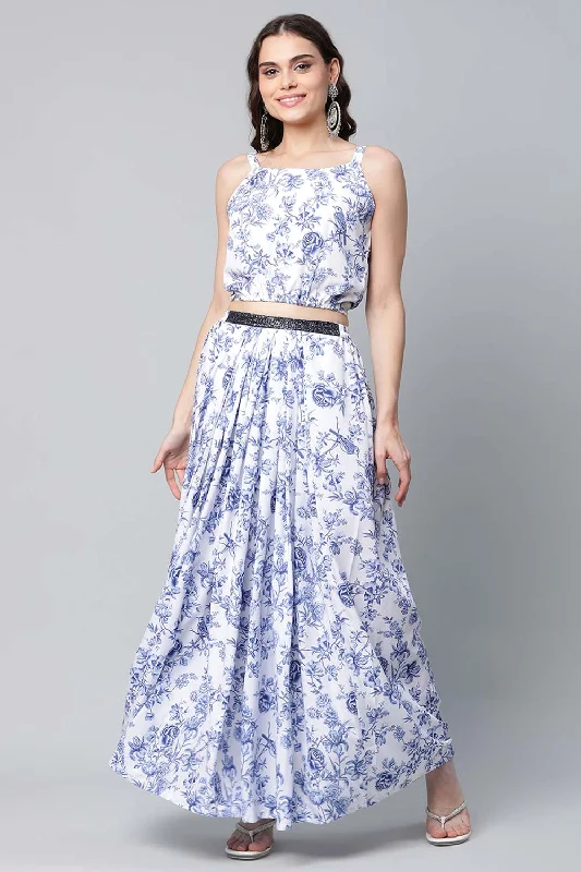 Blue Crepe Printed Top With Skirt With Net Overlay elastic waist skirt