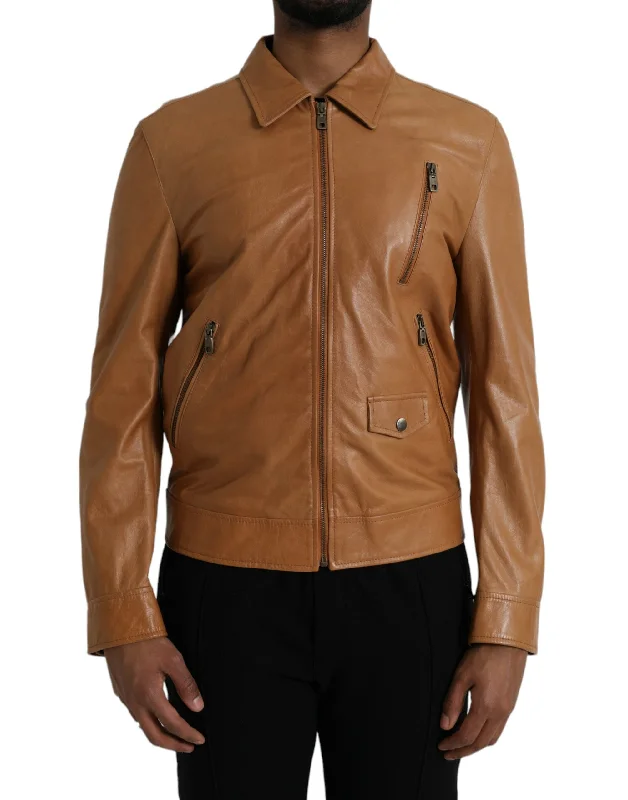 Brown Lamb Leather Full Zip Blouson Jacket Oversized Jacket Tailored Jacket Straight Jacket