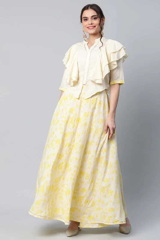 Crepe Cream Solid Top With Printed Skirt With Ruffle Details button skirt front