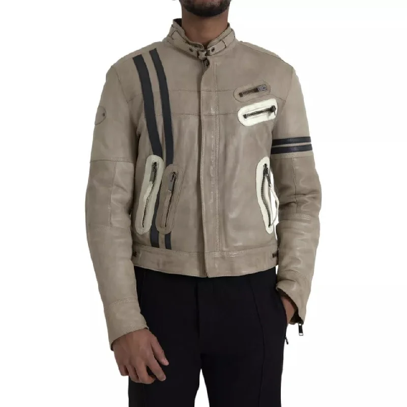 Beige Leather Full Zip Biker Coat Jacket Fleece Jacket Down Jacket Parka