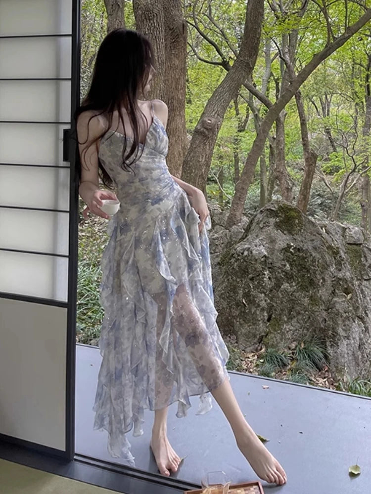 Wjczt Elegant Floral Ruffles Fairy Holiday Dresses Summer New Women's Irregular Spaghetti Straps One Piece Korean Party Dress Clothes Tunics Corduroy durable
