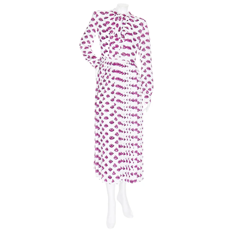 White and Pink Kiss Print Pleated Tie-Neck Dress Tunics Occasion special