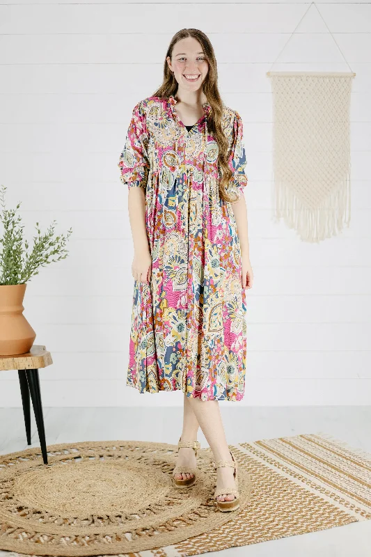 Devanie Print Dress - Pink Multi Tunics Stylish elegant