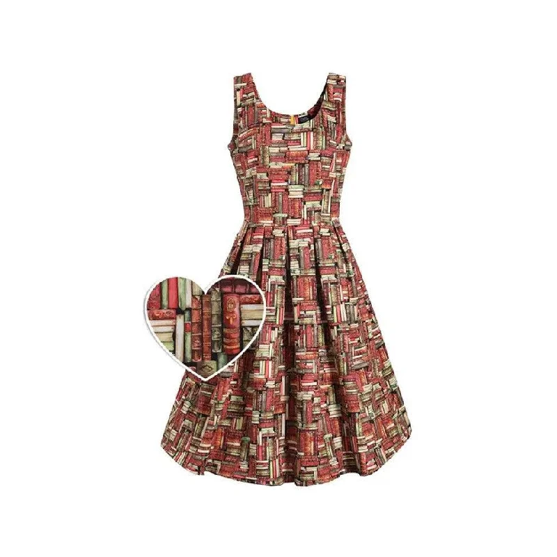 Vintage Reproduction Swing Dress in Book Print Boatneck Modish Everyday