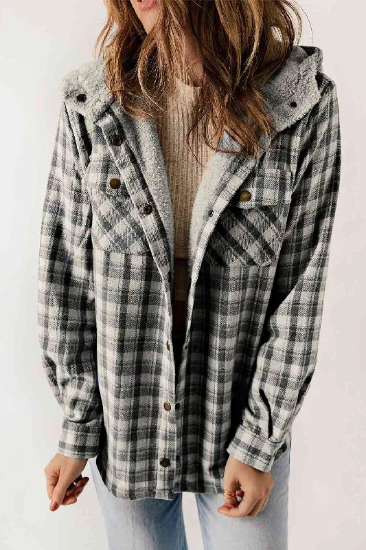 Plaid Snap Down Hooded Jacket Zippered Jacket Buttoned Jacket Snapped Jacket