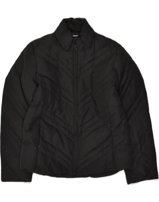 DKNY Womens Padded Jacket UK 16 Large Black Polyester Welt Pockets Slit Pockets Flap Pockets