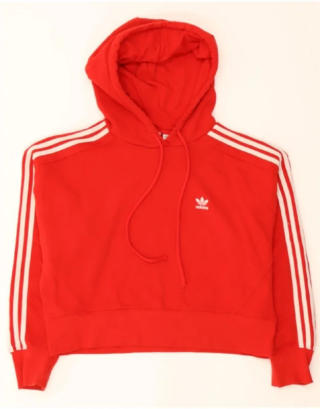 ADIDAS Womens Crop Hoodie Jumper UK 12 Medium  Red Cotton Hoodie with Raglan Sleeves Sporty Comfortable