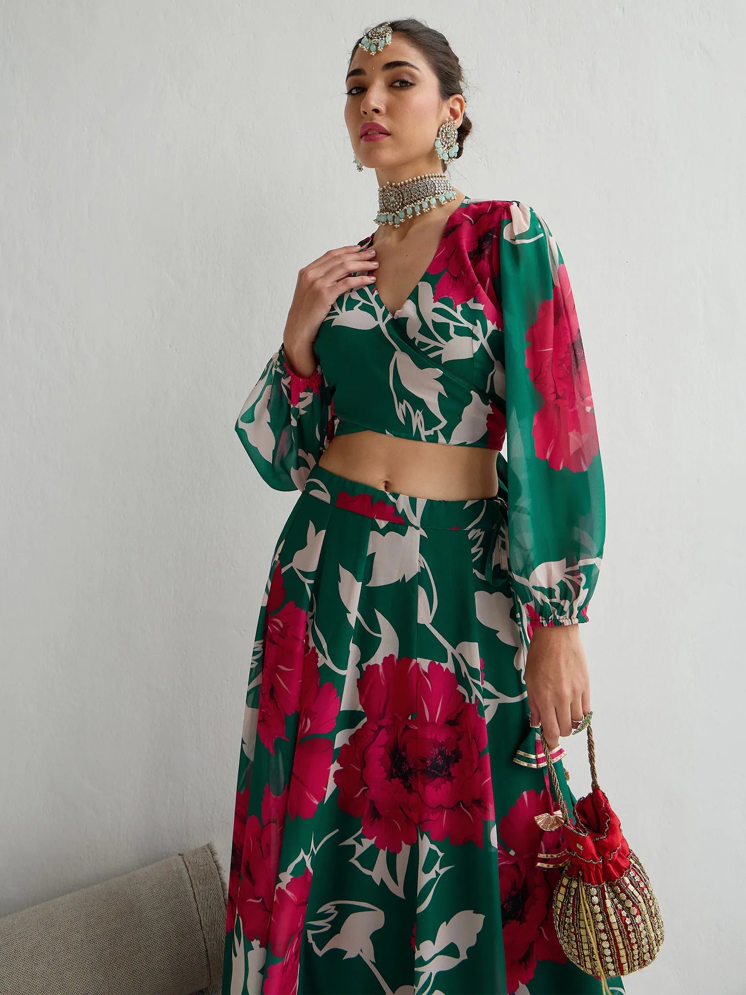 Women Green & Red Floral Wrap Top With Anarkali Skirt-SHSET96055 cashmere skirt plush