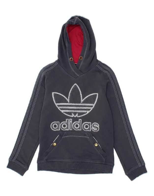 ADIDAS Womens Graphic Hoodie Jumper IT 40 Small Navy Blue Cotton Hoodie with Batwing Sleeves Loose Dramatic