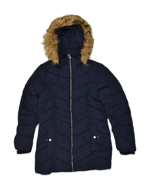TOMMY HILFIGER Womens Hooded Padded Jacket UK 6 XS Navy Blue Polyester Fleece Fabric Down Fabric Feather Fabric