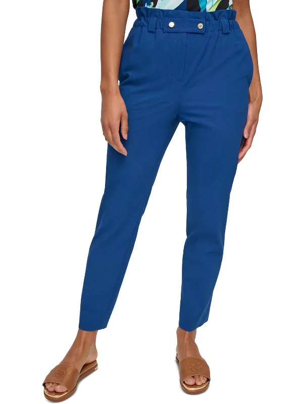 Womens Paperbag Waist High Rise Straight Leg Pants Chic Checkered Pants