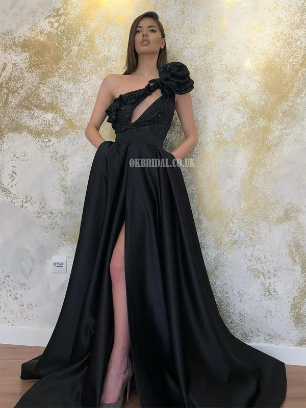 Gorgeous A-line Black Satin Slit Sequin One-shoulder Prom Dresses, FC6481 Tunics Luxurious premium Gorgeous A-line Black Satin Slit Sequin One-shoulder Prom Dresses, FC6481 Tunics Luxurious premium