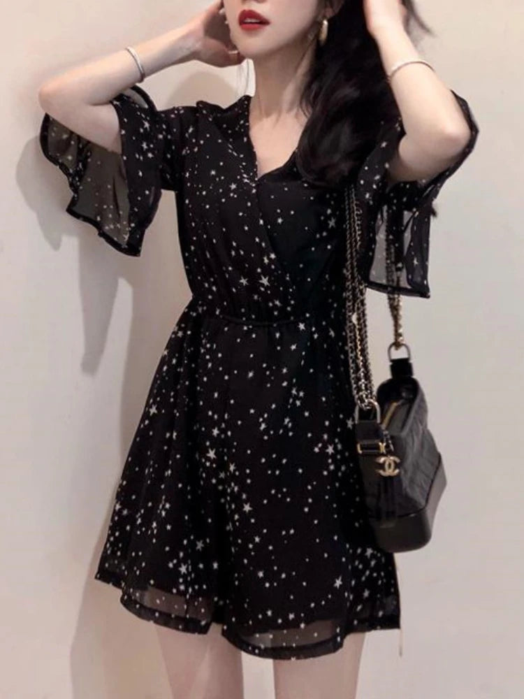Wjczt Korean Elegant Chiffon Mini Dress Women Sexy V-neck Floral Fairy Dress Female 2024 Summer Fashion Casual Evening Party Dress Y2k Tunics Top Casual