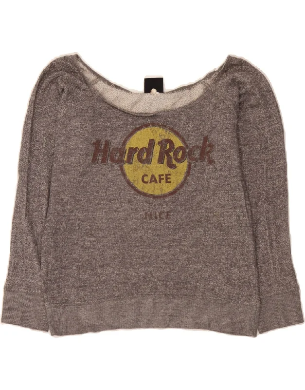 HARD ROCK CAFE Womens Nice Crop Graphic Sweatshirt Jumper UK 10 Small Grey Hoodie with Ribbed Neckline Snug Warm