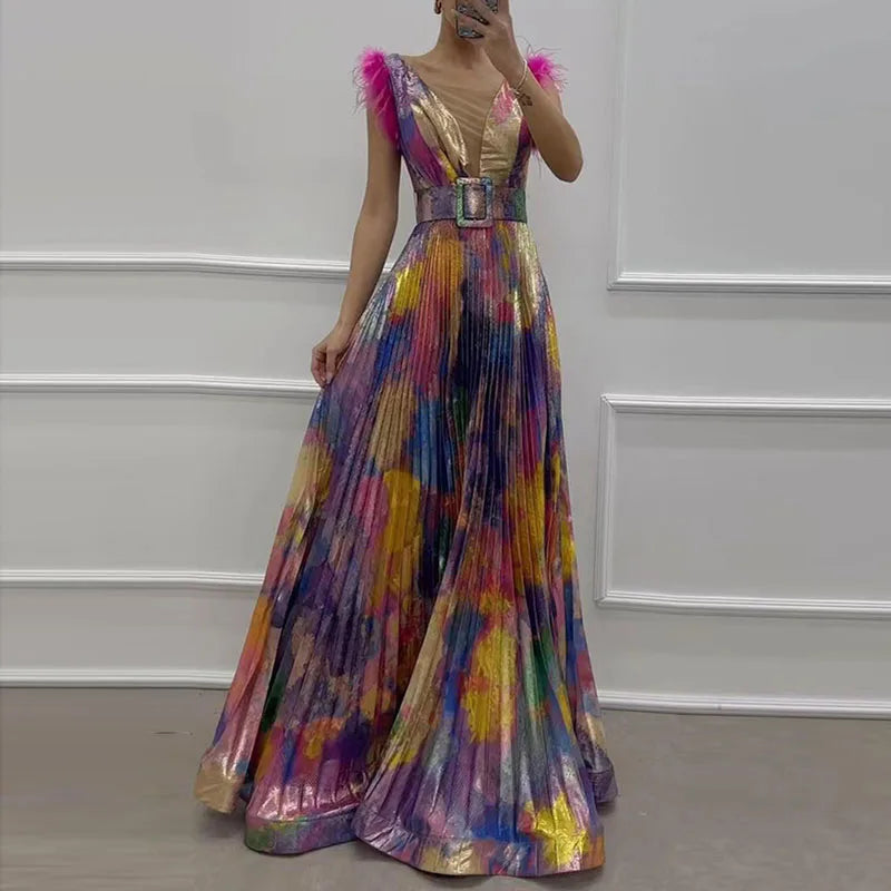 Wjczt Women Sexy Deep V-neck Sleevelss Long Dress Sexy Feather Patchwork Robe Evening Dress Causal Printed Pleated Slim Party Dresses Tunics Prom sequined