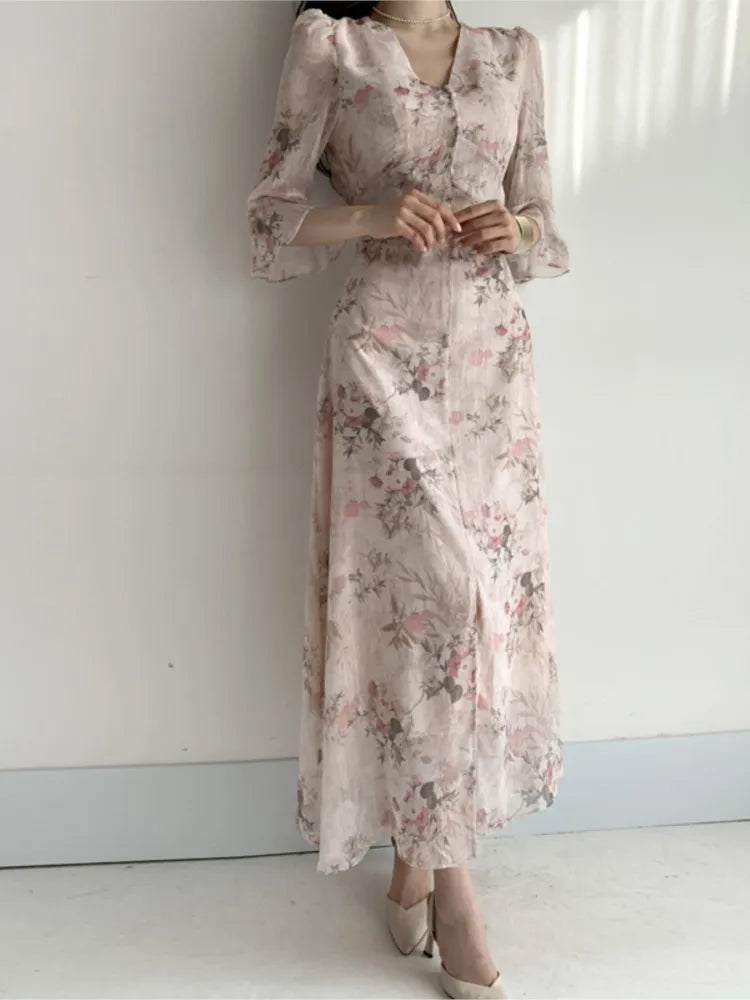Wjczt New Elegant Single Breasted Printed Women Dresses Chic Corset Sexy V Neck Ruffle Vestido Party Dress Vintage Lady Clothes Tunics Fall fleece