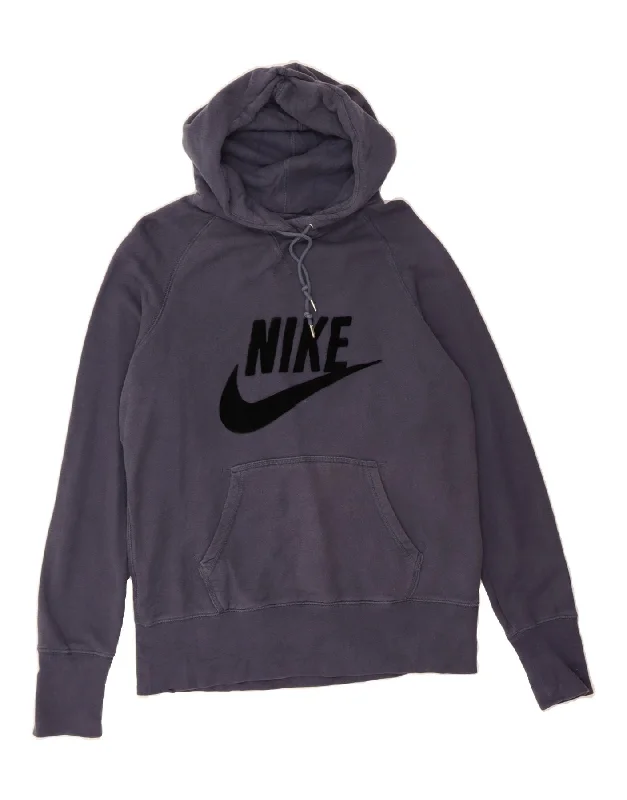 NIKE Womens Graphic Hoodie Jumper UK 18 XL Navy Blue Cotton Hoodie with Hem Embroidery Detailed Premium